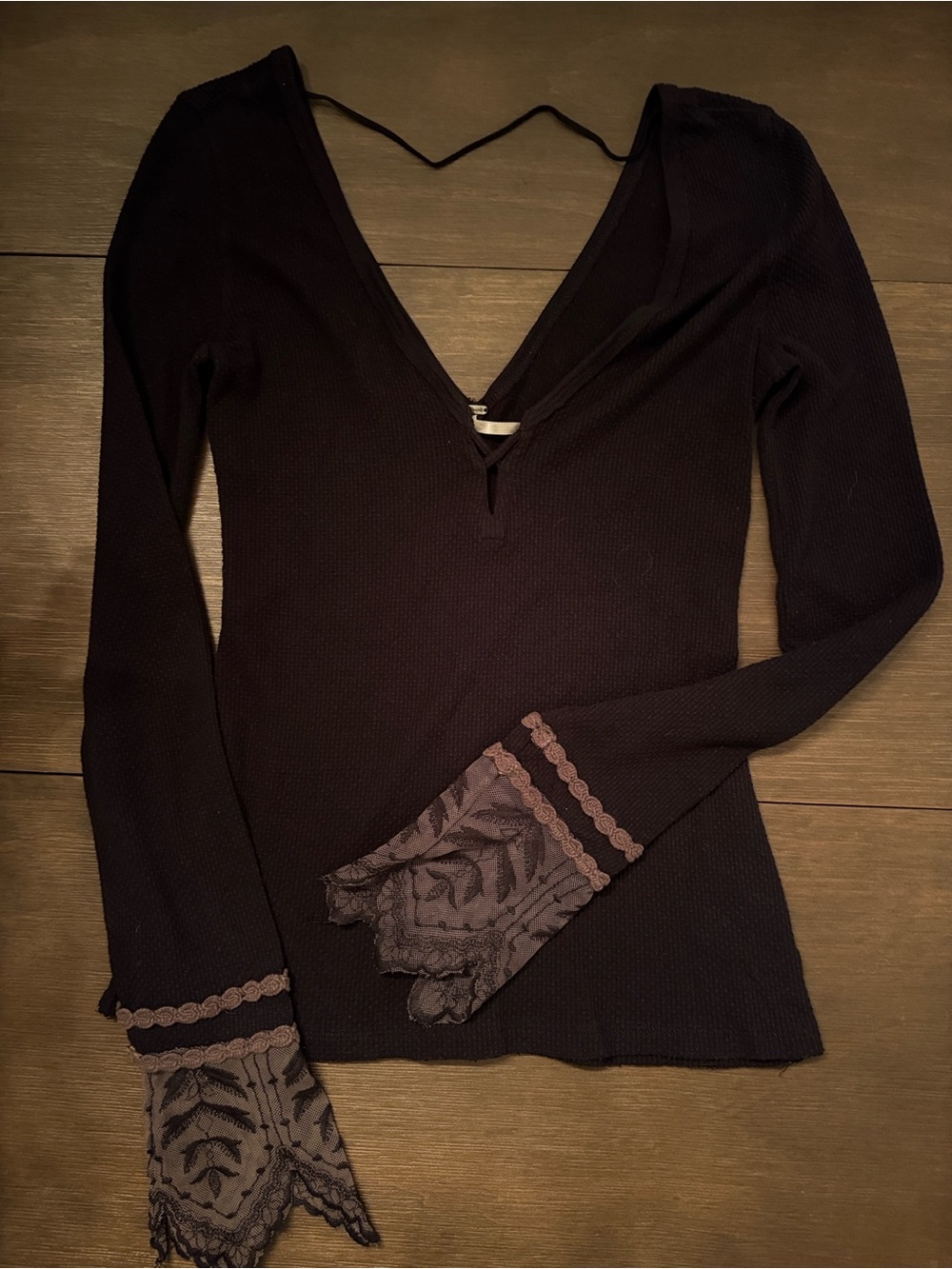 Free People Black Long-Sleeve V-Neck Top with Lace Cuffs